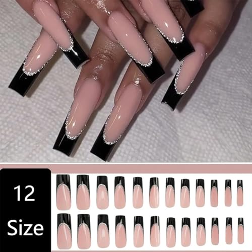 120Pcs Long Square Black French Tip Press On Nails with Glitter & Designs - Style-17