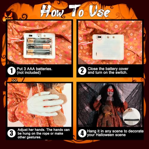 Scary Halloween Swing Ghost Decoration with Light-Up Eyes & Creepy Sound - Indoor & Outdoor Haunted House Props