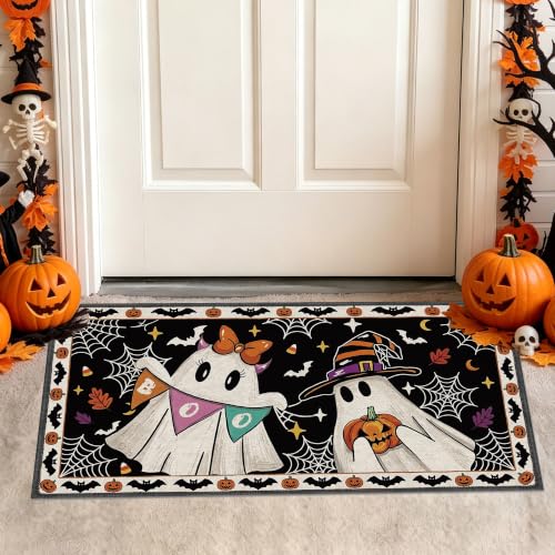 Halloween Ghost Kitchen Rugs Set - Orange & Purple, 3 Sizes, 16x31/47/59 in - Festive Fall Decor