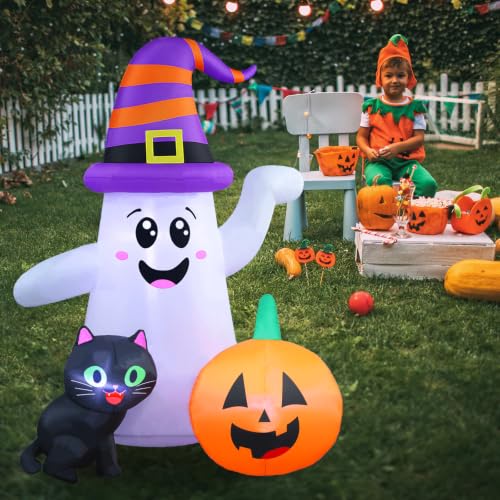 5FT Halloween Inflatable Ghost with Pumpkin and Black Cat - Outdoor Lawn Decor