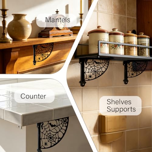 Spider Pattern Heavy Duty Decorative Shelf Brackets - Black Iron Wall Mount Support - Set of 2