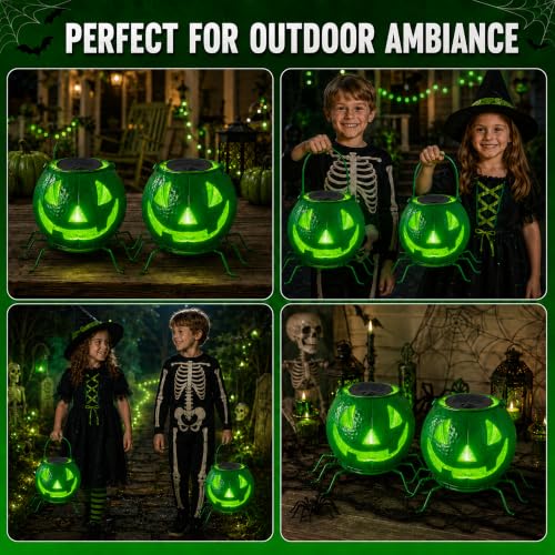 Solar Pumpkin Decor Light - Green Flickering Jack O Lantern with Spider Legs - D-Green Pumpkin Variation