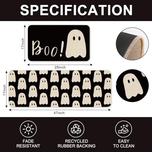 Halloween Ghost Kitchen Rugs Set of 2 Non-Slip Floor Mats - Spooky Black Boo Decor
