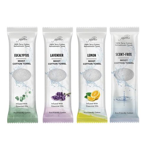 FabbPro Oshibori Moist Terry Cotton Refreshment Towels (100 Pack,8x8 Inches)-White Scented Pre-moistened Essential Oil Infused Towel to Use Hot or Cold – Unscented, Lavender, Lemon & Eucalyptus Scents