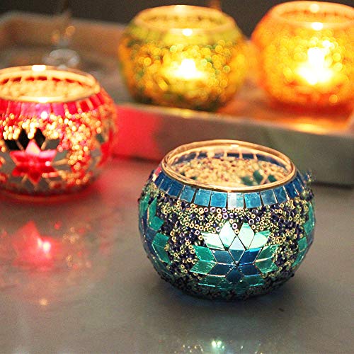 Votive Candle Holder Set of 4 - Handmade Mosaic Glass Tealight Holders for Table Decor - Diwali Thanksgiving