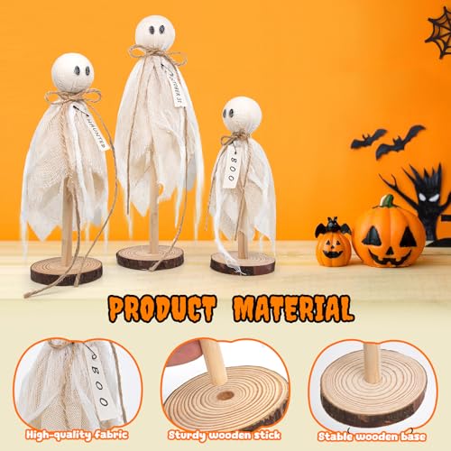 Wooden Ghost Halloween Decorations Indoor Set of 3 Rustic Shelf Sitters with Fabric Ghosts - White Variation