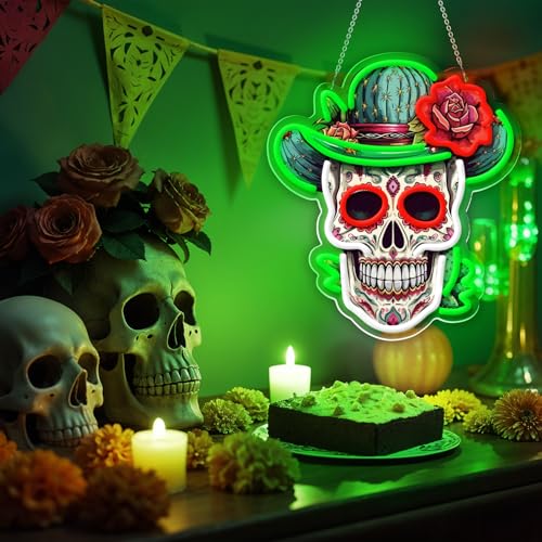 Green Dia De Los Muertos Sugar Skull Neon Sign - Vibrant Day of the Dead Decor