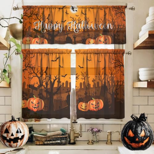 Halloween Spooky Kitchen Curtains Set - 3 Pieces, 54x18 Valance & Tier Panels, Pack of 3 - Ghosts Bats &