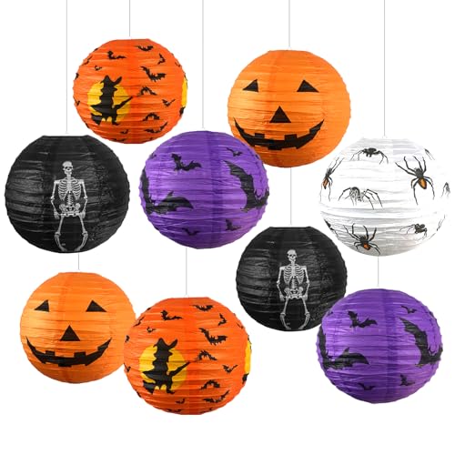 Halloween Hanging Paper Lanterns Set - Jack-O'-Lantern, Skeleton, Spider & Witch Decor, 10 Pieces