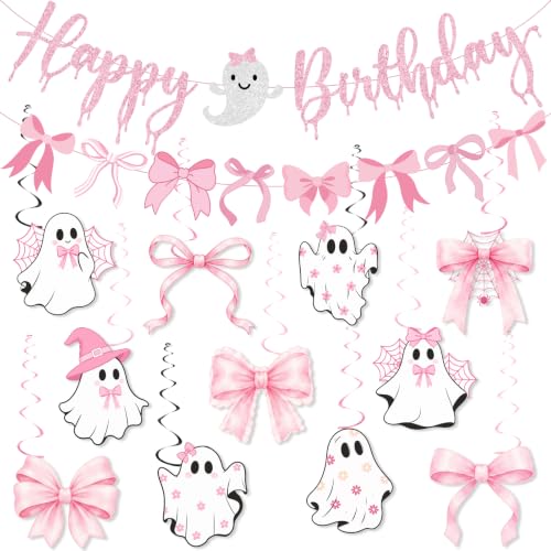 Pink Halloween Party Decorations Set with Banner and Ghost Hanging Swirls