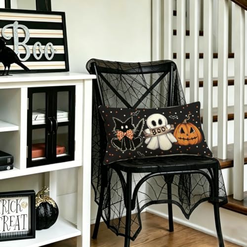 Halloween Ghost Pillow Cover Waterproof 12x20 Outdoor Indoor Decor - Black