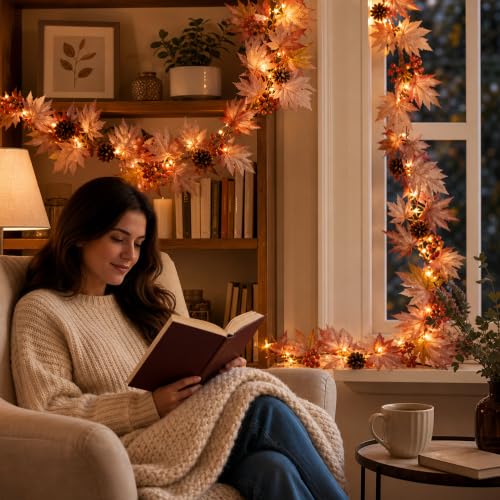 9FT Fall Garland with Lights - Large Maple Leaves Berries Pinecones Autumn Decor