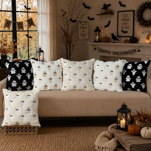 Halloween Pillow Covers 18x18 Inch Ghost Plush Set - White, Pack of 2
