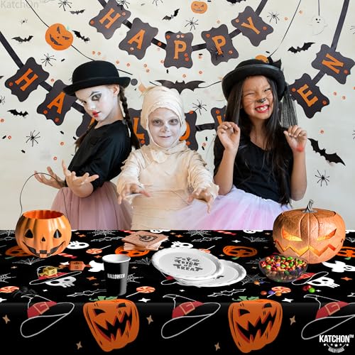 Halloween Tablecloths Pack of 3 - Black & Orange Spooky Design 54x108 Inches