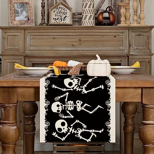 Halloween Skeleton Dancing Table Runner 13" x 90" Black Linen for Dining & Party