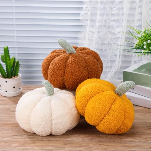 Thanksgiving Pumpkin Pillows Set - 3 Pieces, 7.87 Inch, White, Yellow, Brown
