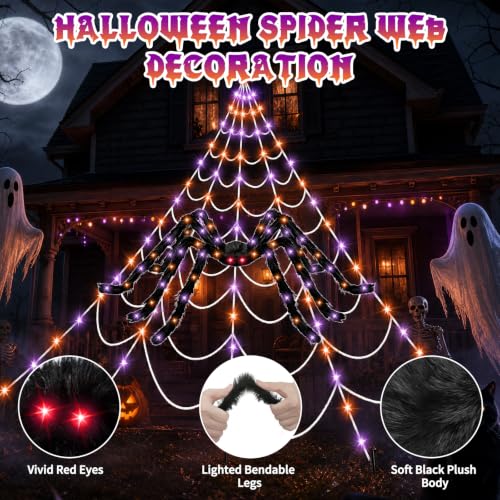 Halloween Spider Web Lights Decoration with Giant 59-Inch Spider - Orange & Purple LED
