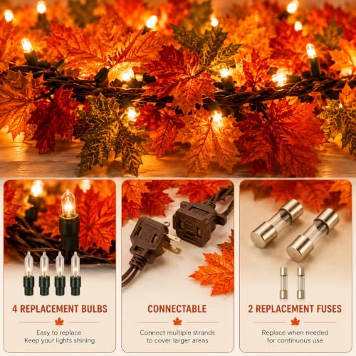 9FT Fall Garland with Lights - Maple Leaf Seasonal Home Decor