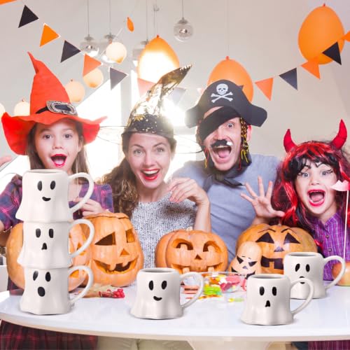 White Ghost Mug Set - Halloween Ceramic Coffee Cups 11 oz, 6 Pieces