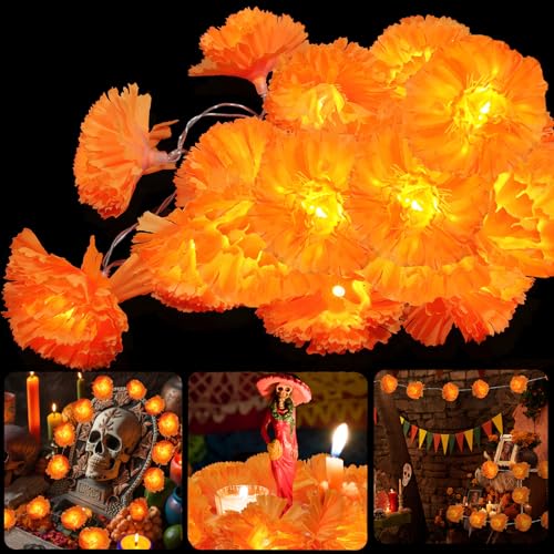 3 Pack LED Marigold Garland String Lights - 10 Ft 20 LEDs for Day of the Dead Halloween Diwali