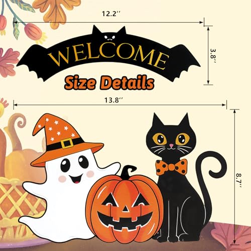 Halloween Door Hanging Sign Ghost Black Cat Pumpkin Welcome - White & Black