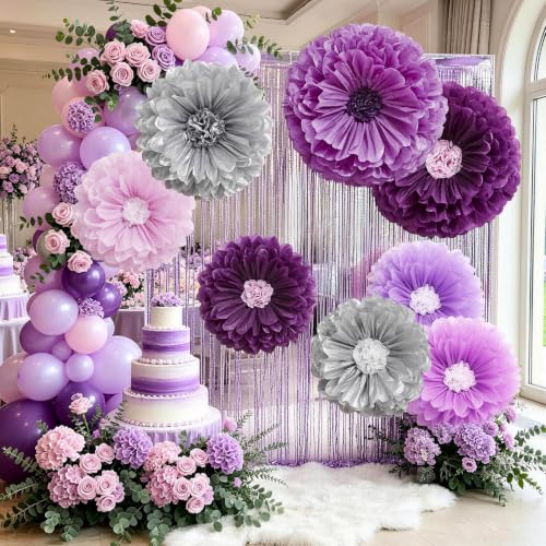 Giant Purple Paper Flower Decorations Wall Set - Elegant Lavender & Silver, 8 pcs
