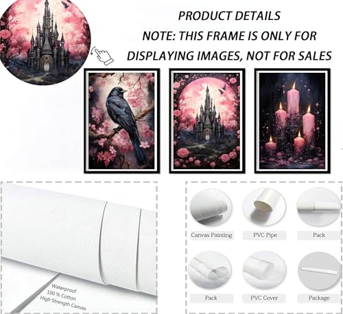 Pink Raven Castle Halloween Wall Art - 16"L x 12"W Unframed - Dark Romantic Canvas Decor
