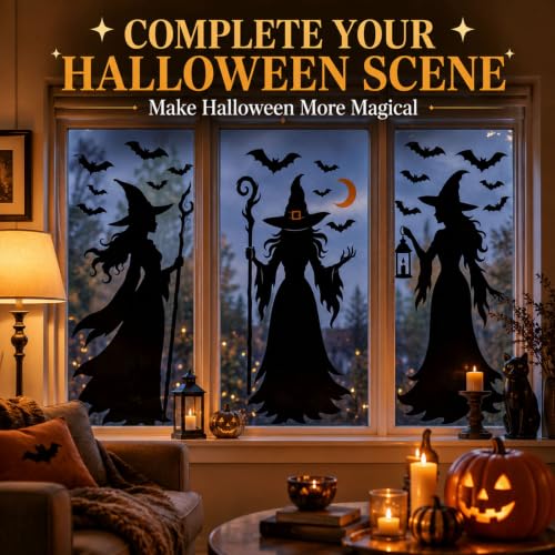 KRZKRZ Witch Bat Decals for Glass Halloween Window Clings - Large Set