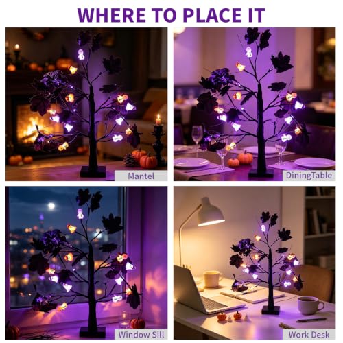 Halloween Indoor Tree with 24 Orange Purple LED Lights - Spooky Decor