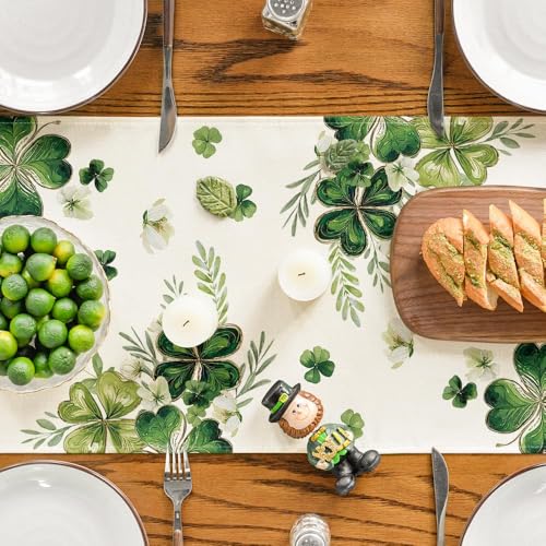 13x90 Inch Shamrocks Floral Leaves Table Runner for St Patrick's Day Decor Beige