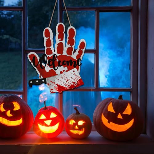 Halloween Bloody Handprint Welcome Sign for Front Door Horror Knife Decor