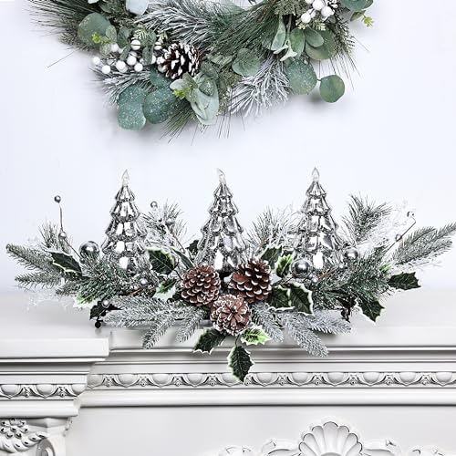 Silver Christmas Tree & Pine Cone Table Centerpiece with LED Lights - Holiday Decor