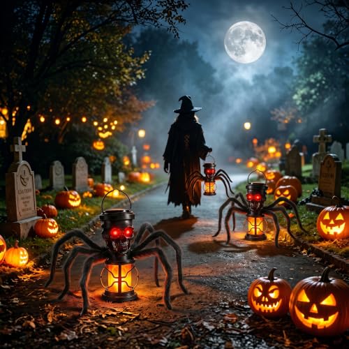 Halloween Skull Solar Lantern with Spider Legs - Orange, Flickering Flame Effect, Waterproof Outdoor Decor