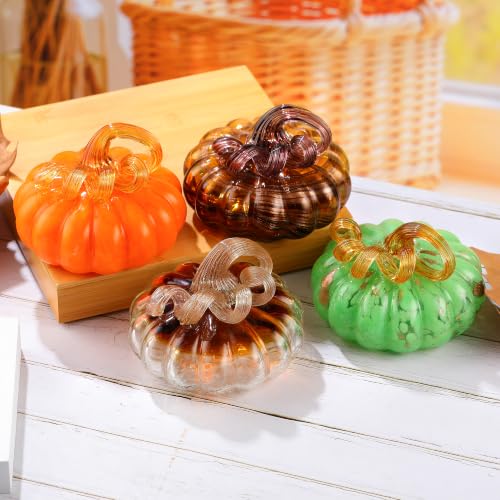 Orange Red Hand Blown Glass Pumpkin - Fall Harvest Halloween Decor - Variation of Red