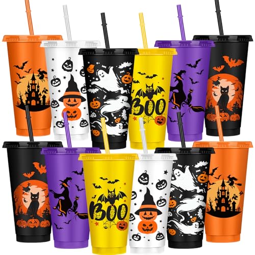 Halloween Plastic Tumblers with Lids & Straws - 12 Pack 20oz Reusable Party Cups