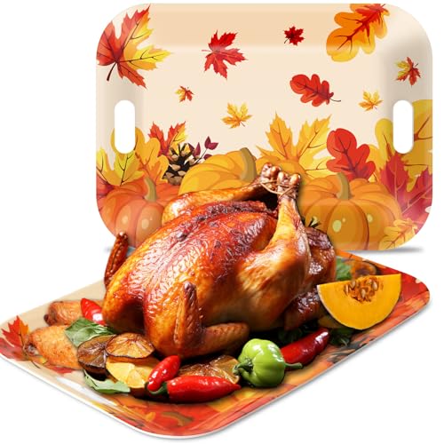 Fall Thanksgiving Serving Trays Set - 2 Large Melamine Pumpkin Leaf Platters with Handles