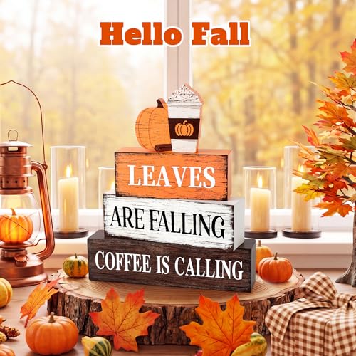 Fall Wooden Decor Set - Leaves Falling and Coffee Is Calling - Rustic Autumn Table Decorations