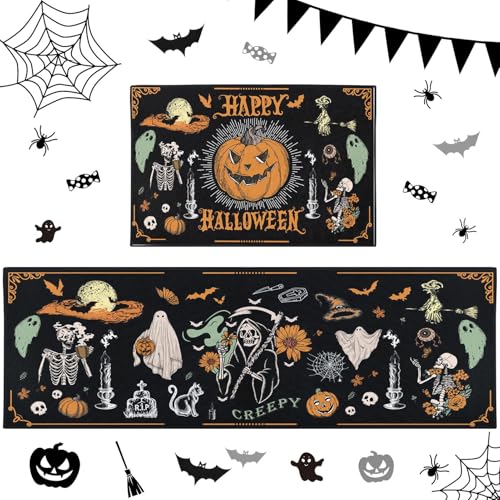 Retro Skeleton Halloween Ghost Kitchen Rugs Set of 2 - Black & White, Non-Slip, Easy Clean