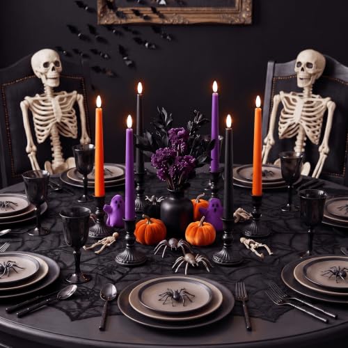 Halloween Flameless Taper Candles Set - Black, Burnt Orange & Purple, 6 Pack
