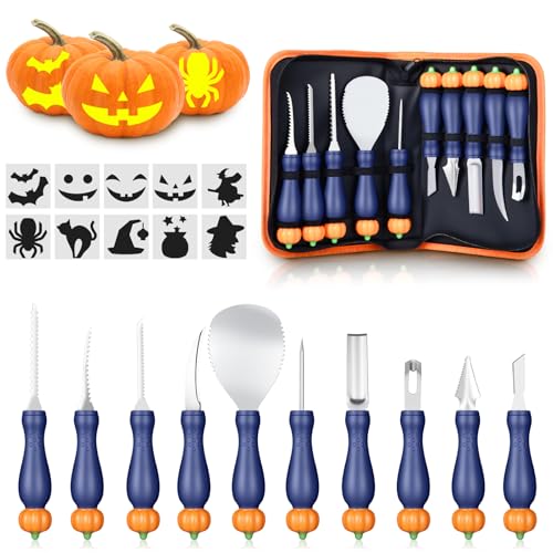 Halloween Pumpkin Carving Kit with 10 Stainless Steel Tools & Stencils - Blue