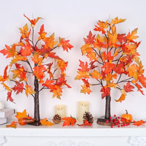 Fall Decor 2 Pack 24-Inch Lighted Maple Trees with 48 LEDs & Timer - Style 1