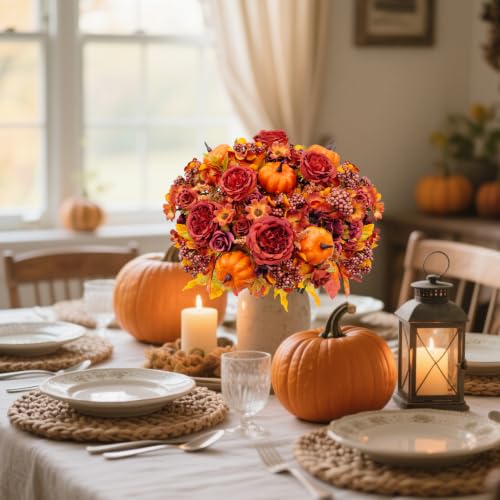 Fall Artificial Flower Bouquet with Pumpkin Accents - Red, 3 Bundles Autumn Decor