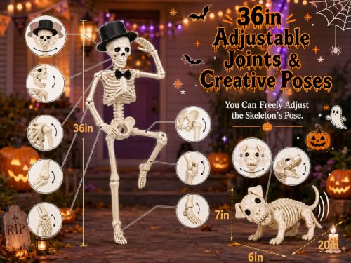 Halloween Skeleton Decorations Set with 2 Life-Size Skeletons & Dog - Weather-Resistant, Fully Poseable, with Lighting Modes