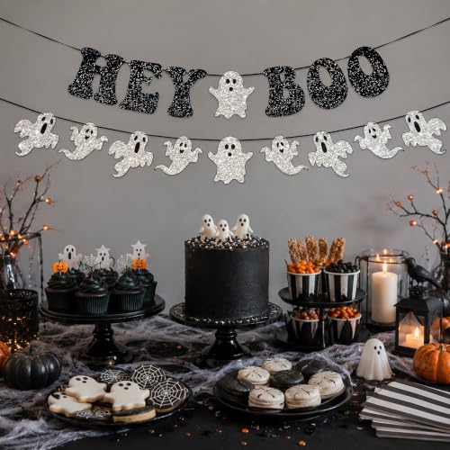 Halloween Banner with Ghost Garland - Black Glitter 'Hey Boo' Party Decor