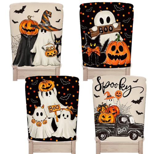 Halloween Chair Back Covers 4-Pack Spooky Ghost Pumpkin Bat Seat Protectors