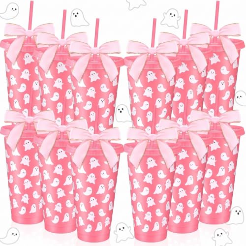 Pink Ghost Tumbler Set - 12 Reusable 24 Oz Halloween Cups with Straw & Lid