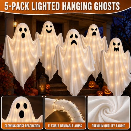 Halloween LED Hanging Ghost Decorations Set with Timer - Outdoor Indoor Party Lights