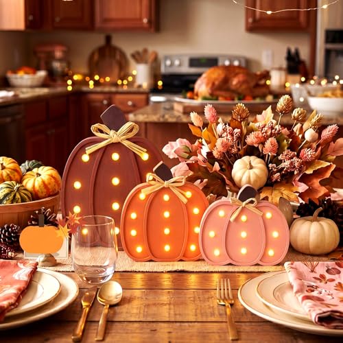 Pink Wooden Pumpkin Decor with LED Lights - Fall Halloween Thanksgiving Centerpiece
