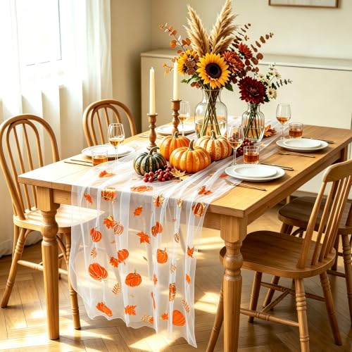 Fall Gauze Table Runner with Glitter Pumpkins & Maple Leaves - 120 Inch, Color 02