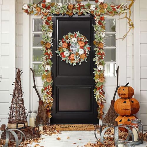20-Inch Fall Wreath for Front Door - Autumn Maple Leaf Pumpkin Berry with Hello Fall Sign